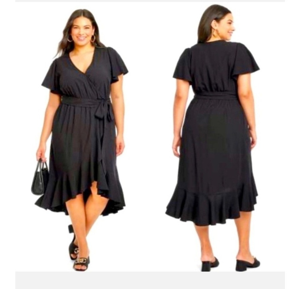 Ava & Viv Womens Black Wrap Midi Dress 4X Flutter Sleeve Ruffle High-Low NWT‎